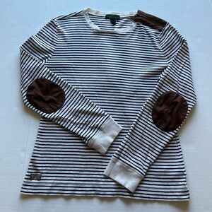 Lauren Ralph Lauren Stripped Long Sleeve Top Brown Faux Suede Elbow Patches L